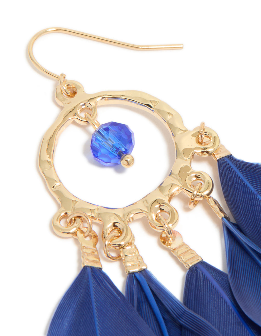 Gold Dark Blue Feather Dreamcatcher Earrings