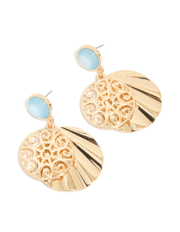 Gold Blue Circle & Swirl Drop Earrings