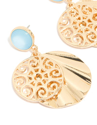 Gold Blue Circle & Swirl Drop Earrings - link has visual effect only
