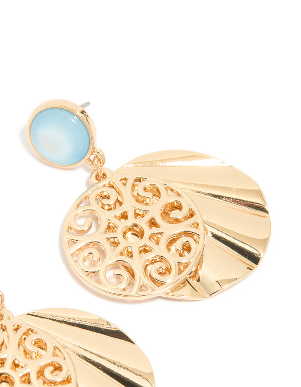 Gold Blue Circle & Swirl Drop Earrings