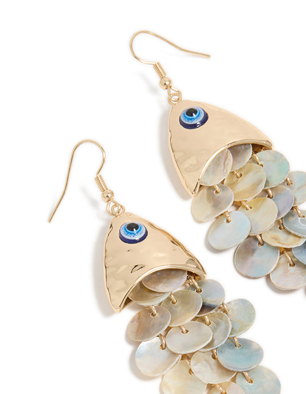 Gold Evil Eye  Fish Drop Earrings