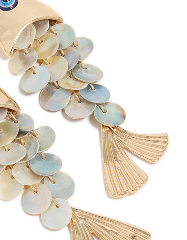 Gold Evil Eye  Fish Drop Earrings