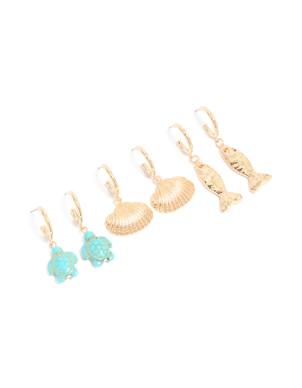 Shop gold sea life huggie earrings with ocean shell animal features in a 3-pack front view