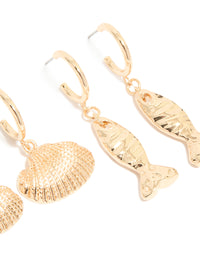 Gold Sea Life Huggie Earrings 3-Pack - link has visual effect only