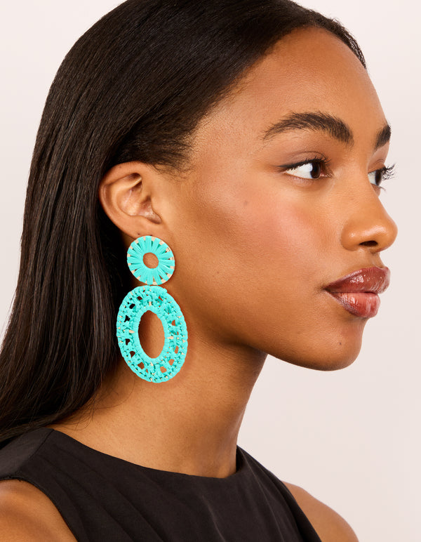 Aqua Blue Paper Patterned Oval Drop Earrings