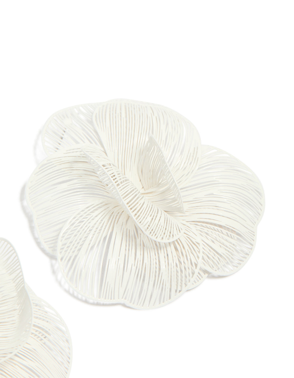 Highlighting white coated metal full flower stud earrings with floral pattern in ivory post detail view
