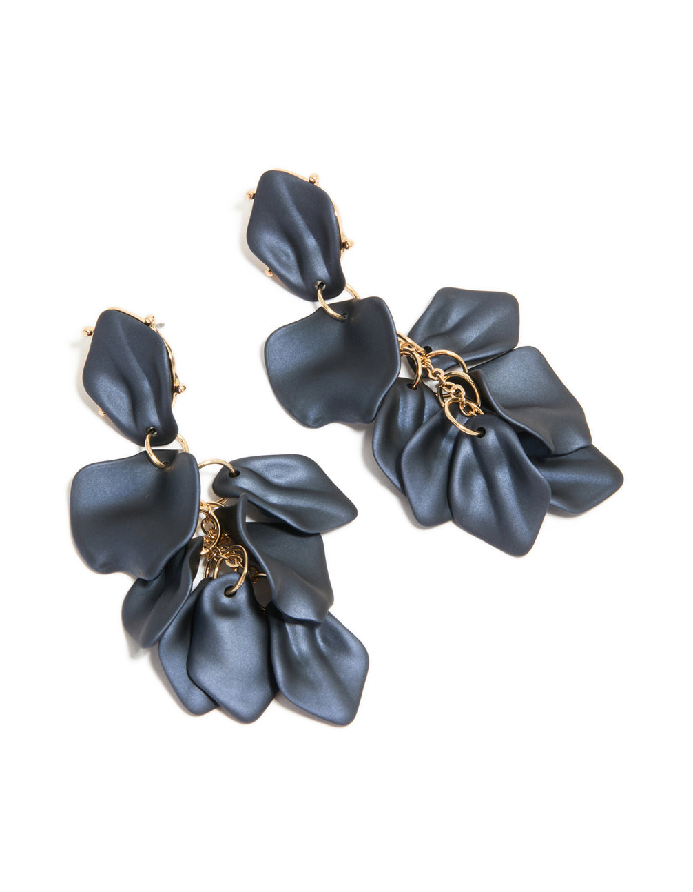 Elegant navy blue coated metal flower petal drop earrings featuring gold accents in front view