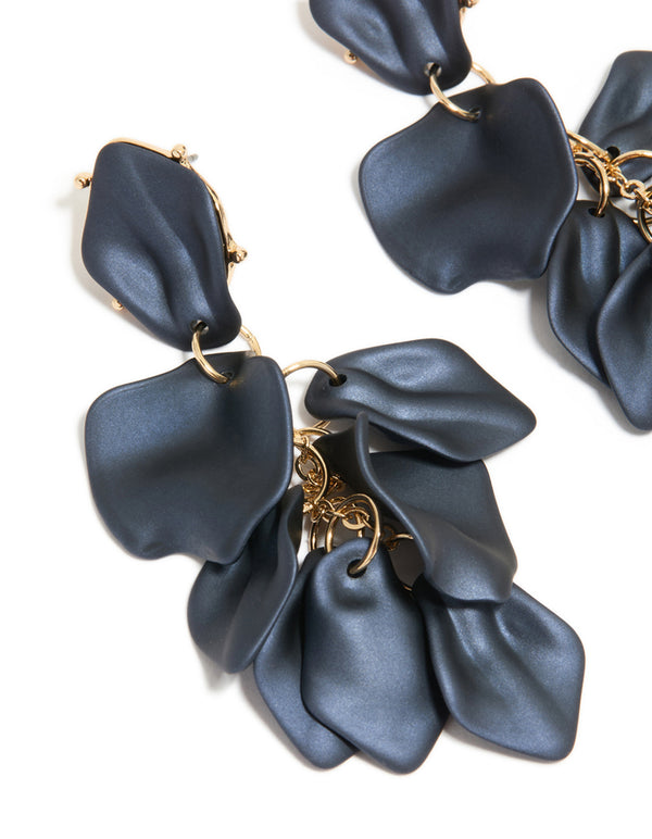 Navy Blue Coated Metal Flower Petal Drop Earrings