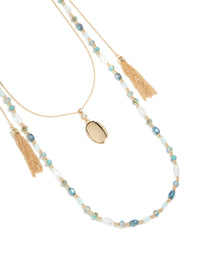 Gold Tassel & Blue Beaded Layered Necklace - link has visual effect only