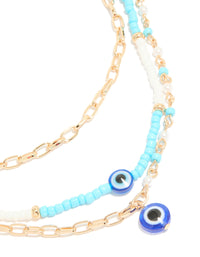Gold Blue  Beaded Evil Eye Triple Layered Necklace - link has visual effect only