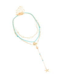 Gold Blue Beaded Shell & Starfish Layered Y-Necklace - link has visual effect only
