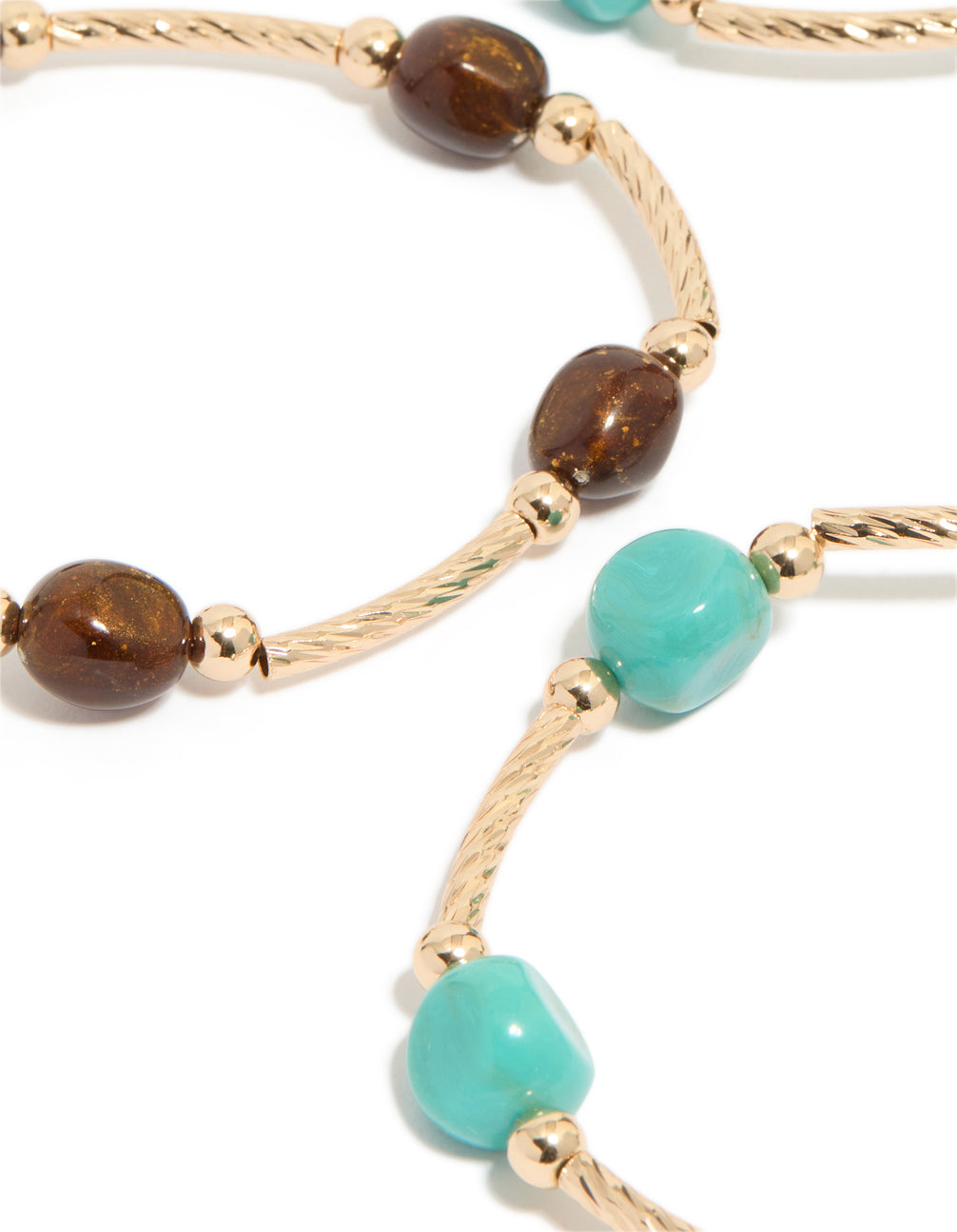 Capturing gold brown and turquoise beaded thin connector bracelets 4-pack close up view