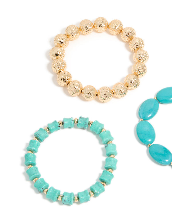 Gold & Blue Acrylic Irregular Beaded Stretch Bracelets 3-Pack