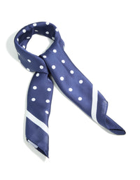 Showcasing a navy and white polka dot fabric square bordered scarf side view - link has visual effect only