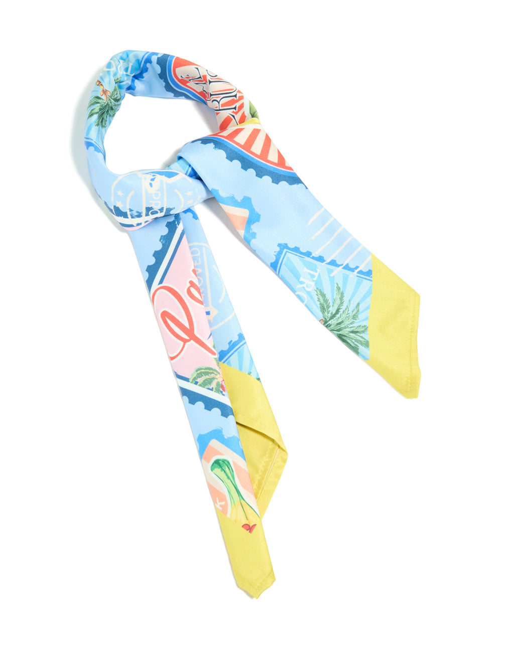 Discover this Blue Fabric Paradise Vacation Print Scarf in light blue, yellow, and green tones front view