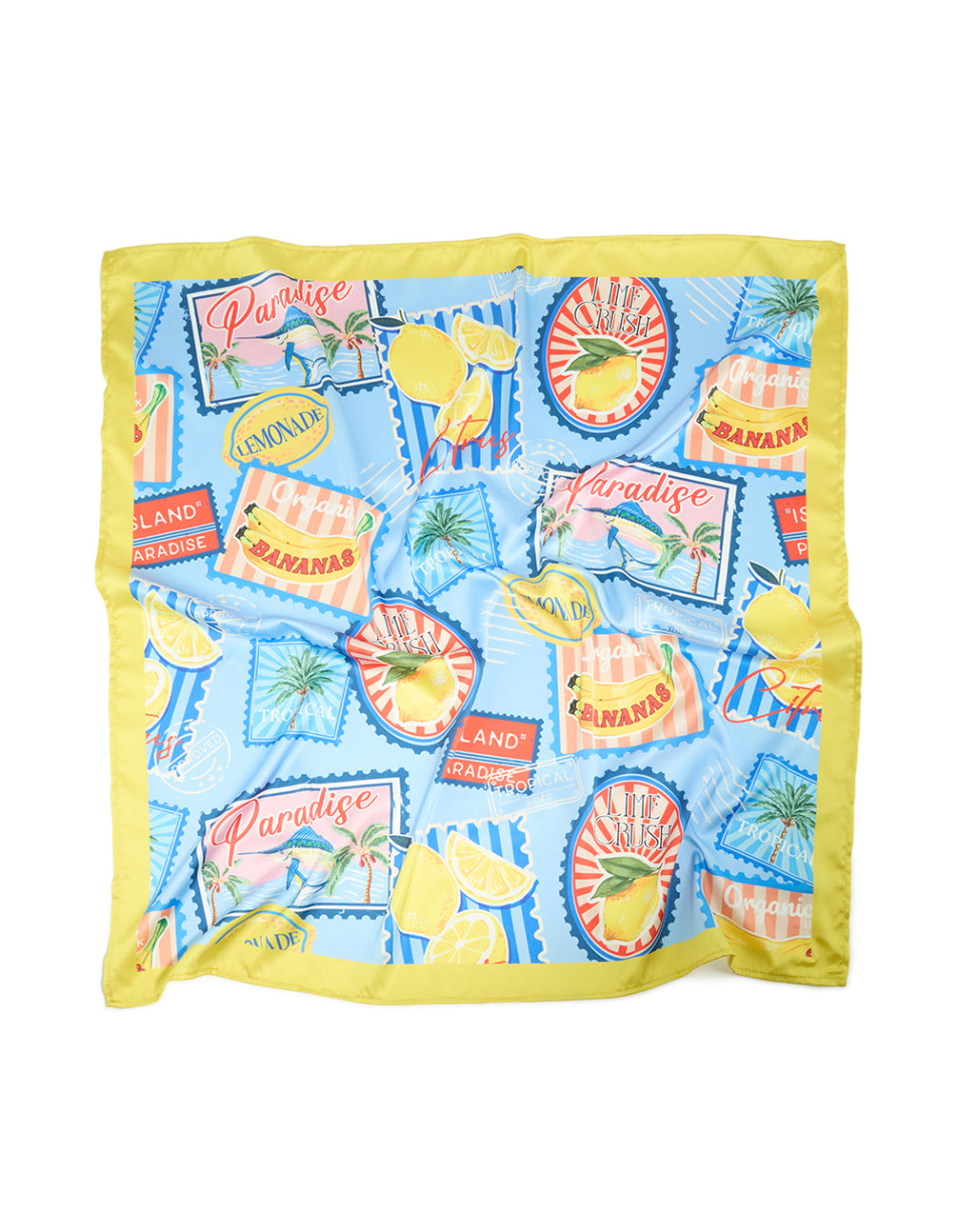Crafted from fabric, this Blue Paradise Vacation Print graphic patterns in light blue, yellow, and green side view