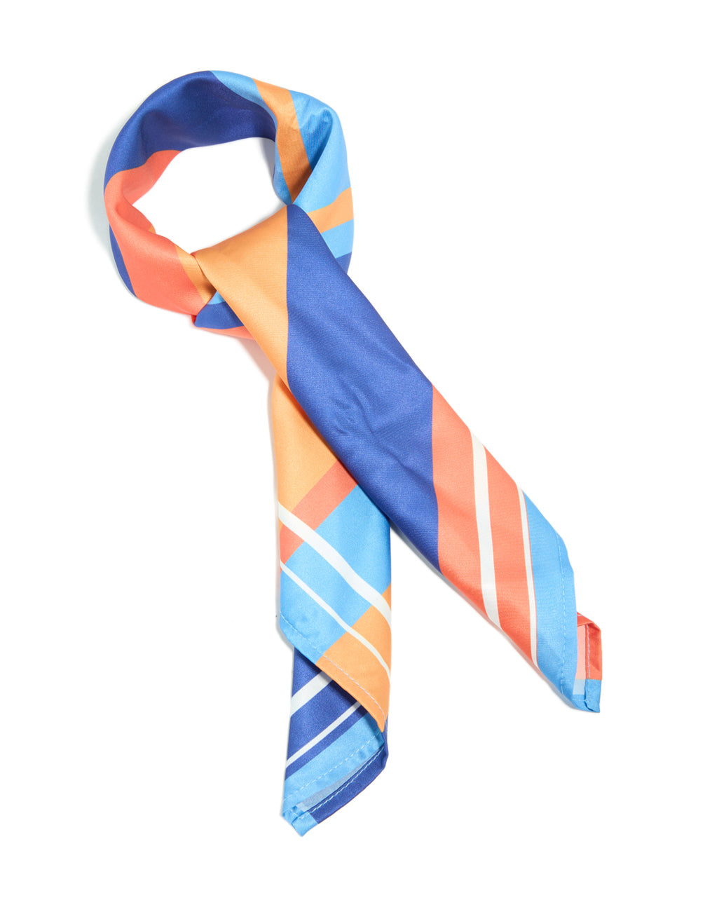 Showcasing a fabric scarf with uneven stripes in royal blue, orange, sky blue, and coral front view