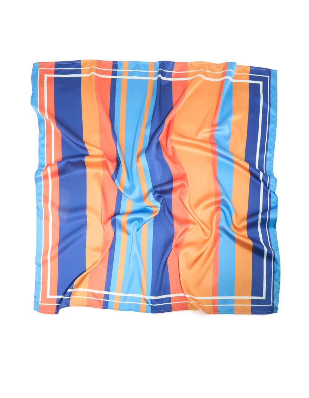 Elegant fabric scarf with uneven stripes in royal blue, orange, sky blue, and coral side view