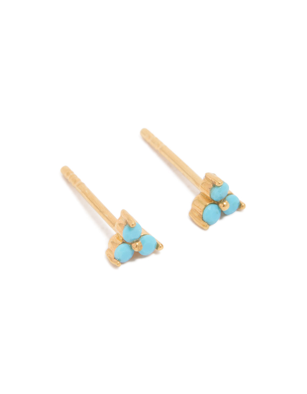 Showcasing floral gold plated sterling silver stud earrings with turquoise accents front view