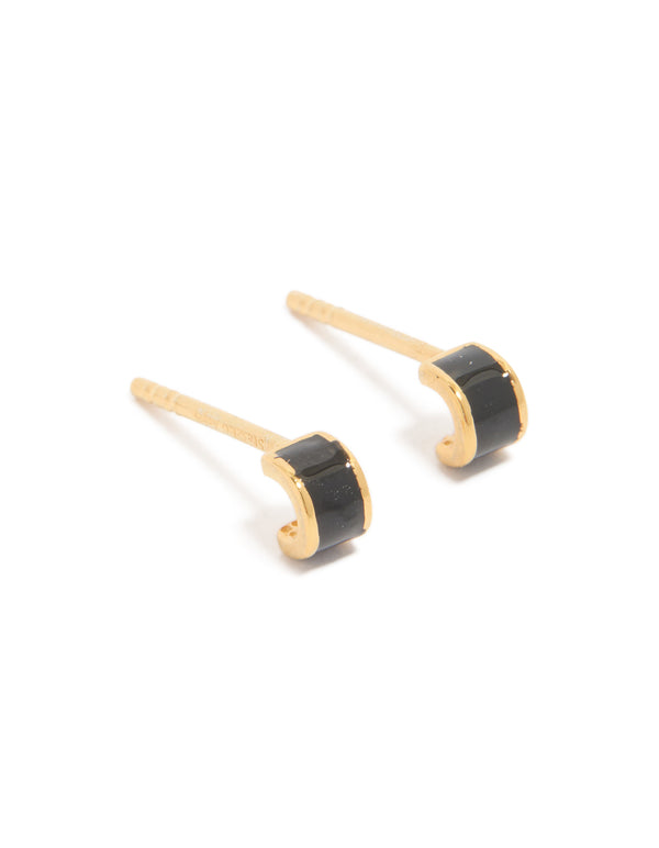 Gold Plated Sterling Silver Tiny Black Enamel Stud Earrings