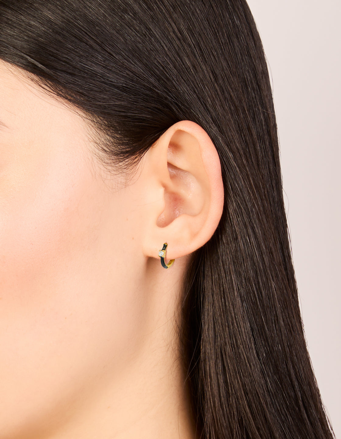 Gold Plated Sterling Silver Cubic Zirconia & Black  Enamel Huggie Earrings