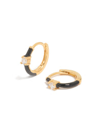 Gold Plated Sterling Silver Cubic Zirconia & Black  Enamel Huggie Earrings - link has visual effect only