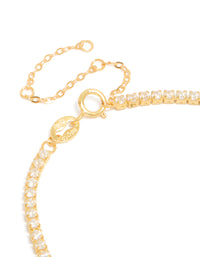 Beautiful gold plated sterling silver tennis bracelet featuring cubic zirconia closure detail view - link has visual effect only