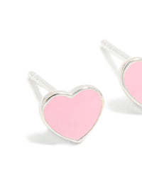 Beautifully designed sterling silver pink enamel heart stud earrings with dainty styling and stud closure in front view - link has visual effect only