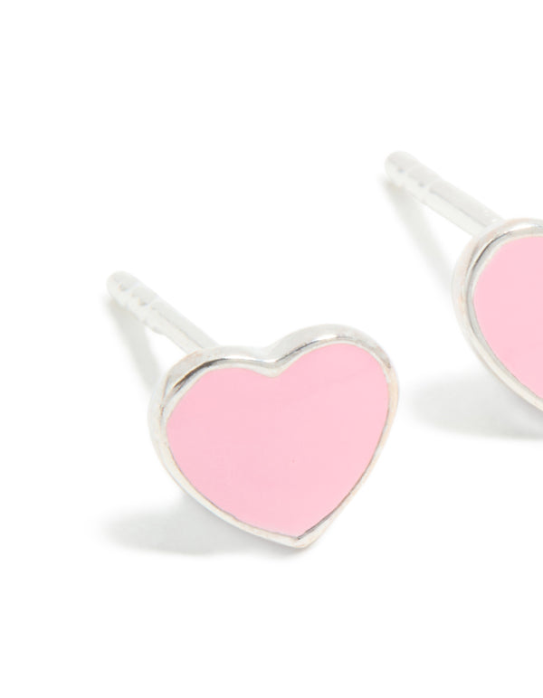 Beautifully designed sterling silver pink enamel heart stud earrings with dainty styling and stud closure in front view