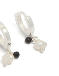 Sterling Silver Pearl & Black Stone Drop Huggie Earrings - link has visual effect only
