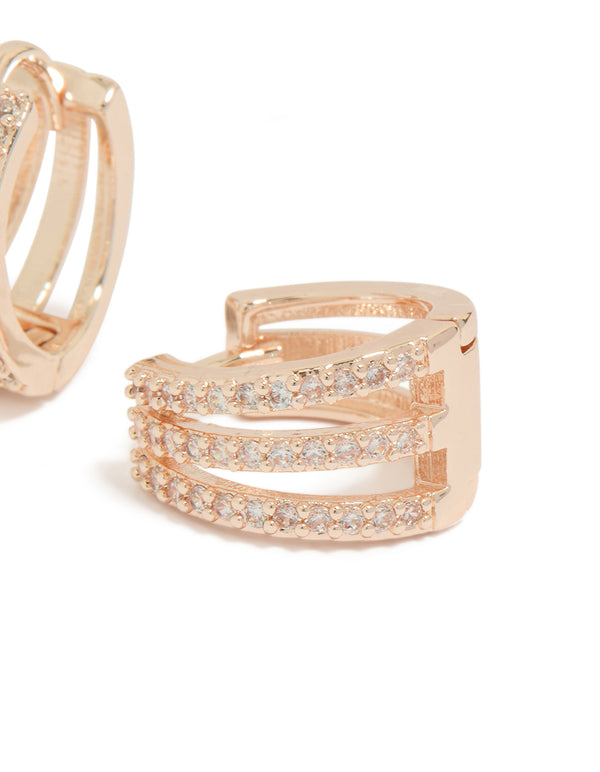 Rose Gold Plated Cubic Zirconia Layered Hoop Earrings