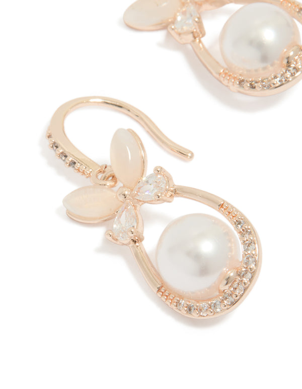 Rose Gold Plated Cubic Zirconia Pearl & Butterfly Oval Hook Earrings