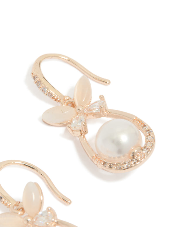 Rose Gold Plated Cubic Zirconia Pearl & Butterfly Oval Hook Earrings