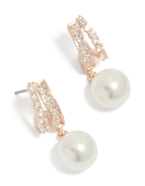 Rose Gold Plated Cubic Zirconia Illusion Pearl Drop Earrings