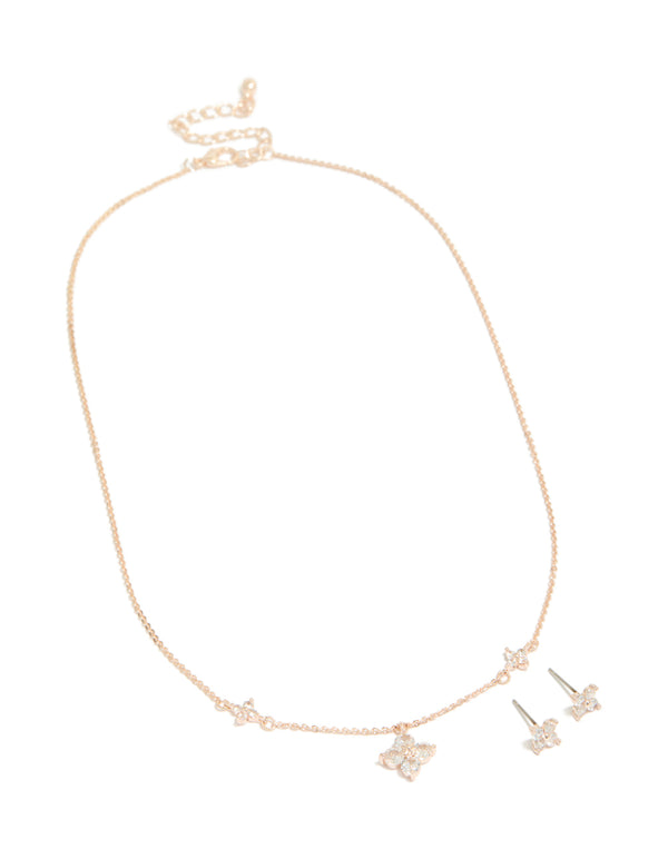 Rose Gold Plated Cubic Zirconia Cross Earrings & Necklace Set