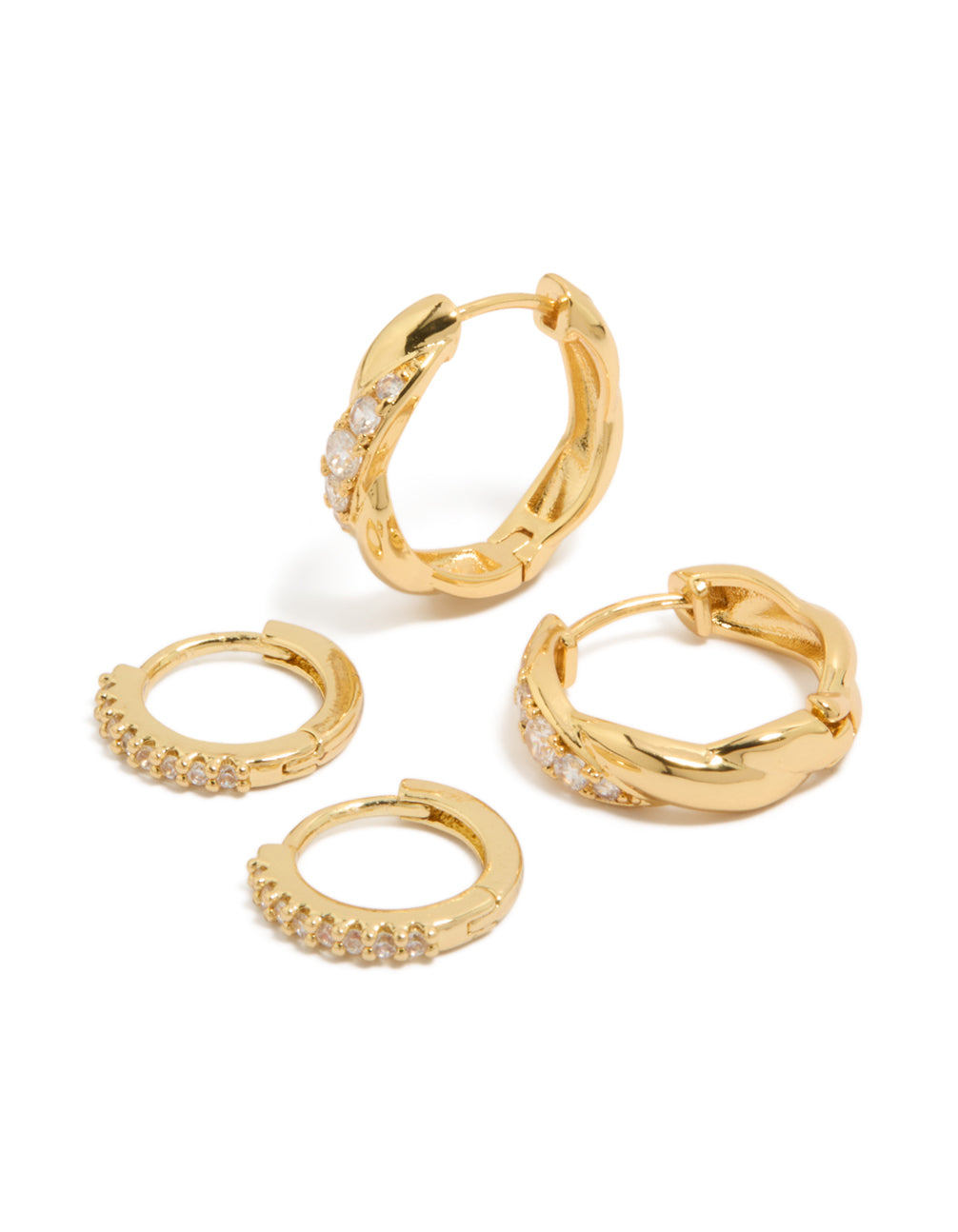 Showcasing gold plated brass woven and fine cubic zirconia huggie earrings in a 2-pack with crystal accents front view