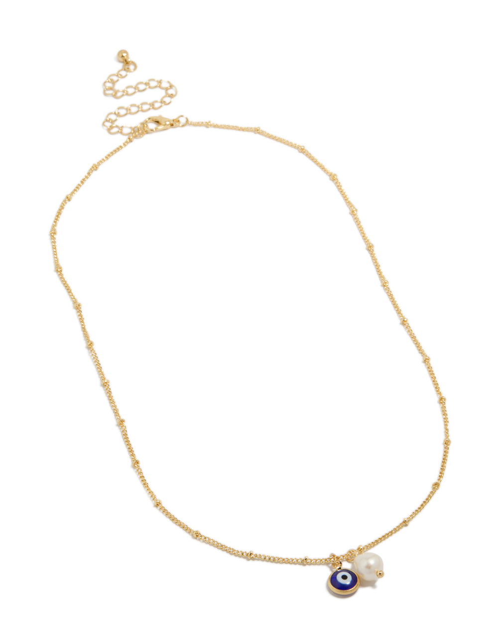 Designed with gold plated brass, pearl and evil eye pendant necklace features beaded chain and charm accents front view