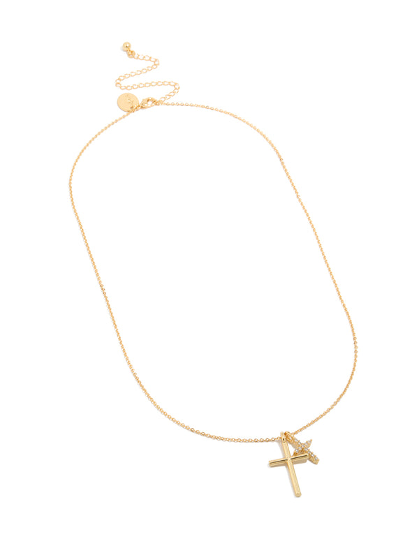 Elegant gold plated brass double cubic zirconia cross necklace with charm in statement style front view