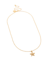 Beautifully crafted gold plated brass pavé cubic zirconia starfish pendant necklace featuring ocean theme front view - link has visual effect only