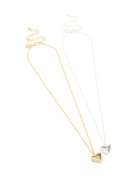 Stunning heart locket necklaces with cubic zirconia in silver and gold plated brass 2-pack front view - link has visual effect only
