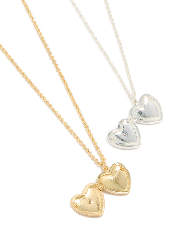 Beautifully crafted heart locket necklaces featuring cubic zirconia with silver and gold plated brass in a 2-pack close up view