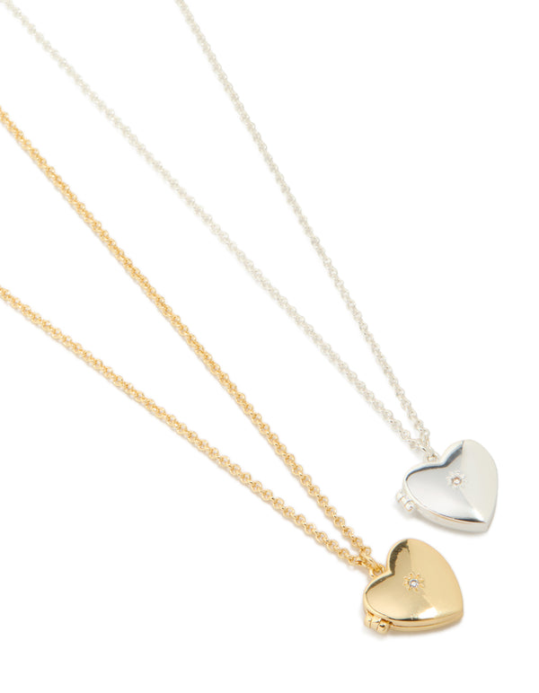Beautifully crafted heart locket necklaces featuring cubic zirconia with silver and gold plated brass in a 2-pack close up view