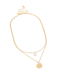 Featuring a gold plated brass necklace with layered design, celestial, coin pendant, pearl and cubic zirconia details front view - link has visual effect only