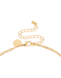 Highlighting a gold plated brass layered necklace with celestial, coin pendant, pearl and cubic zirconia featuring clasp detail view - link has visual effect only