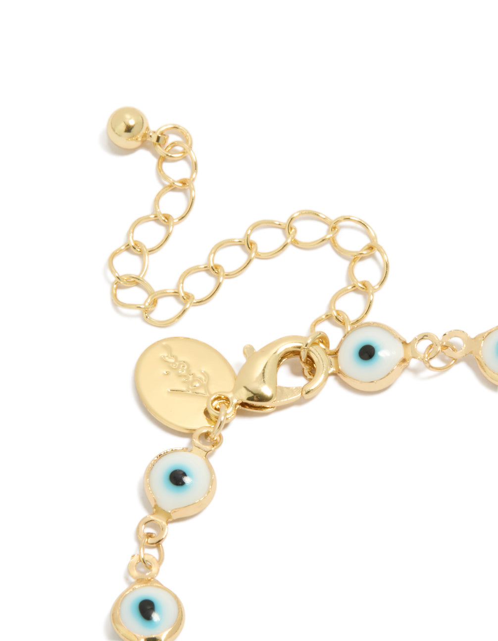 Displaying a gold plated brass evil eye charm chain bracelet in statement style closure detail view