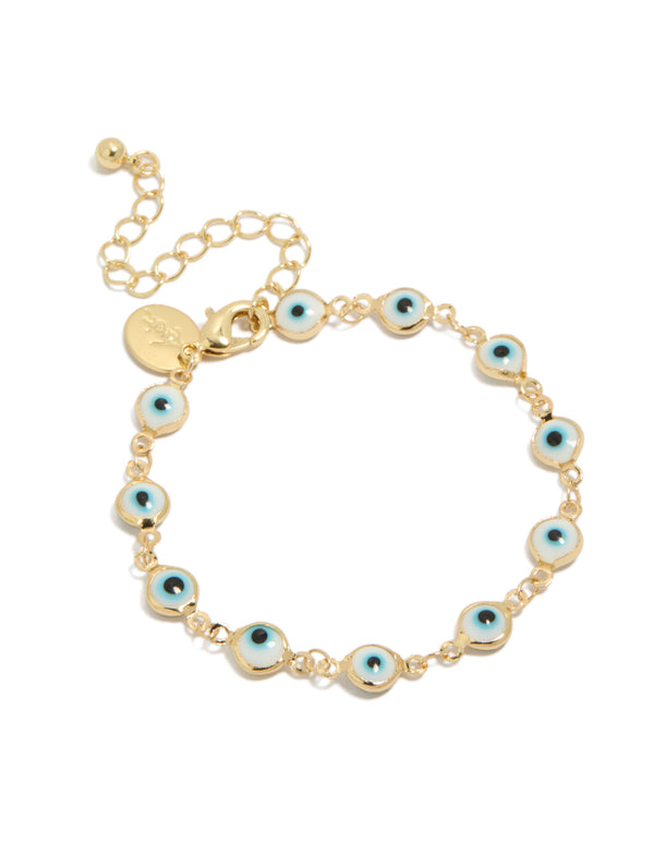 Discover a gold plated brass evil eye chain bracelet featuring statement style front view