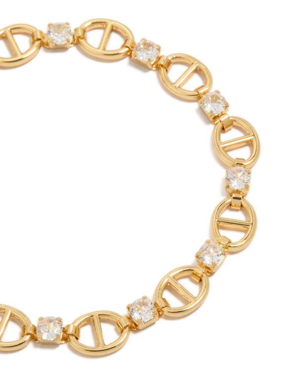 Crafted from brass with alternating anchor chain and cubic zirconia stones in gold plating close up view