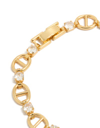 Features secure clasp mechanism in gold plated brass with alternating cubic zirconia accents closure detail view - link has visual effect only