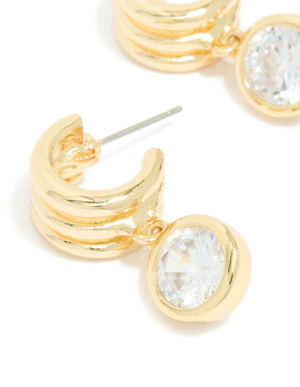 Gold Plated Cubic Zirconia Bezel Line Huggie Earrings