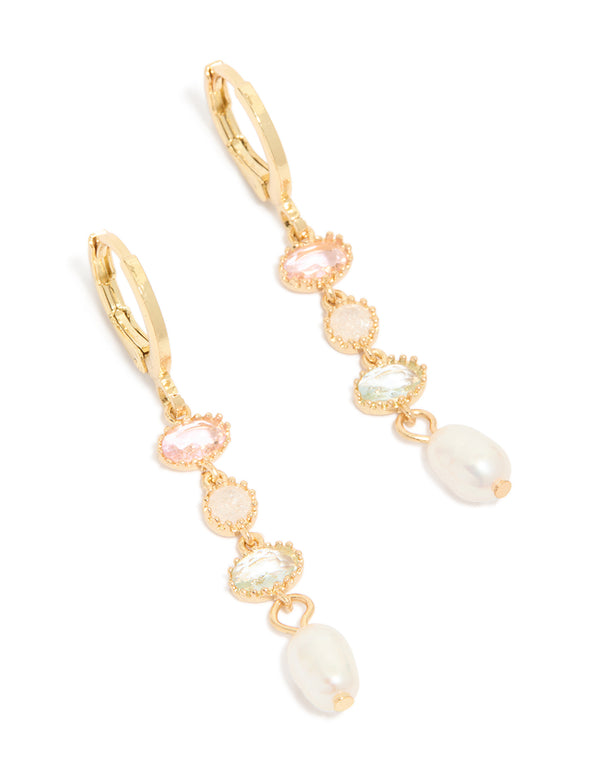 Gold Plated Cubic Zirconia & Freshwater Pearl Drop Earrings